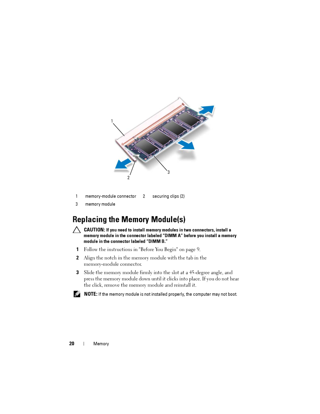 Dell M4040/14-N4050 owner manual Replacing the Memory Modules 