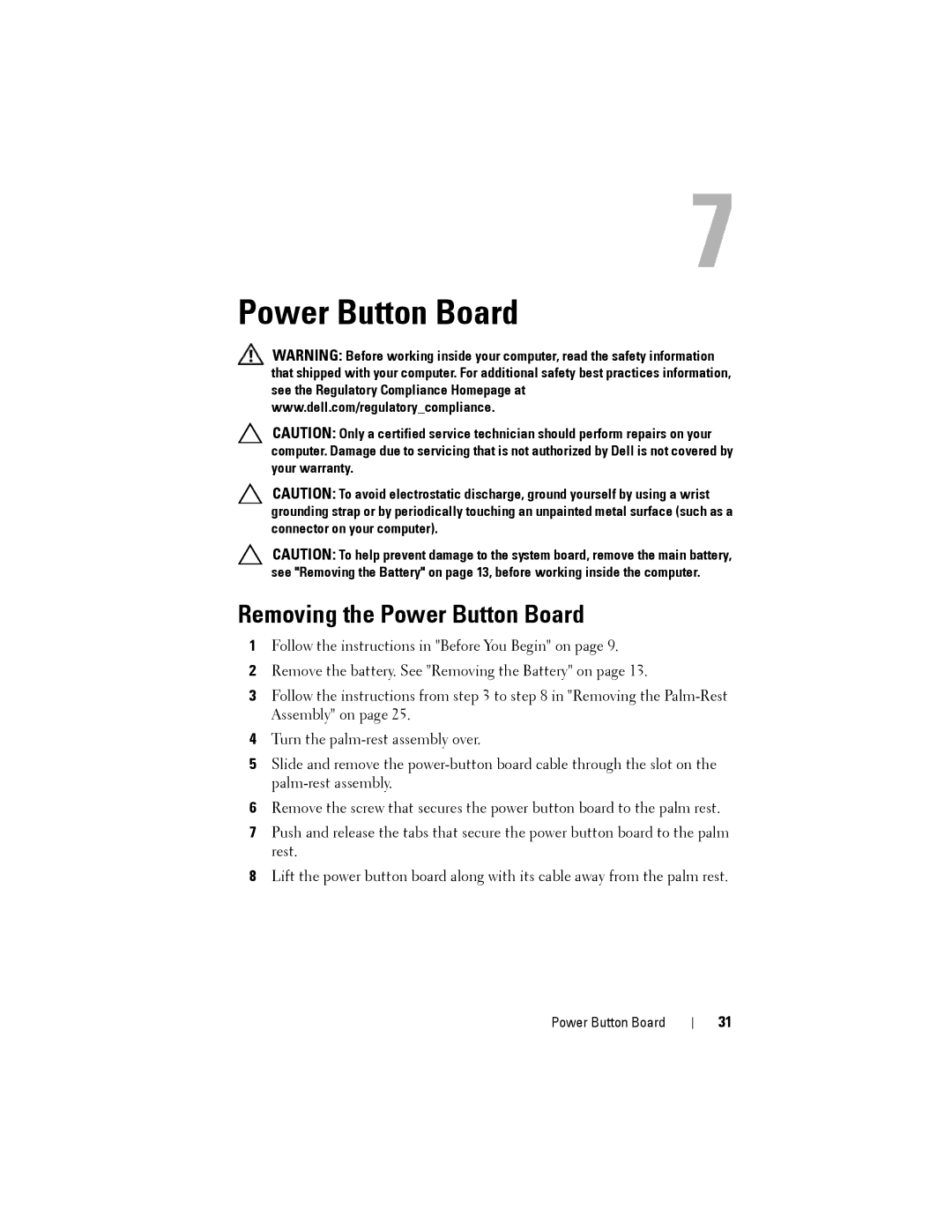 Dell M4040/14-N4050 owner manual Removing the Power Button Board 