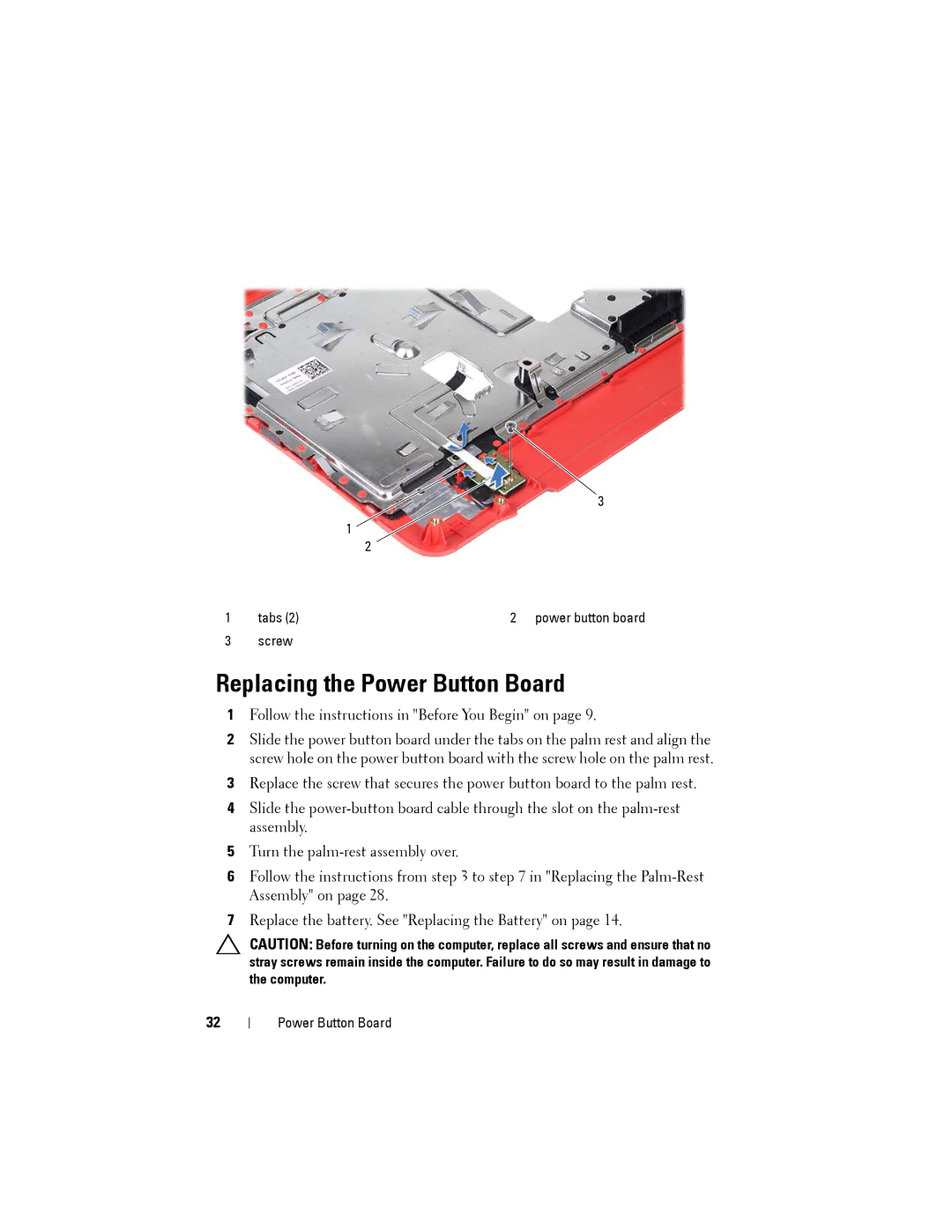 Dell M4040/14-N4050 owner manual Replacing the Power Button Board 