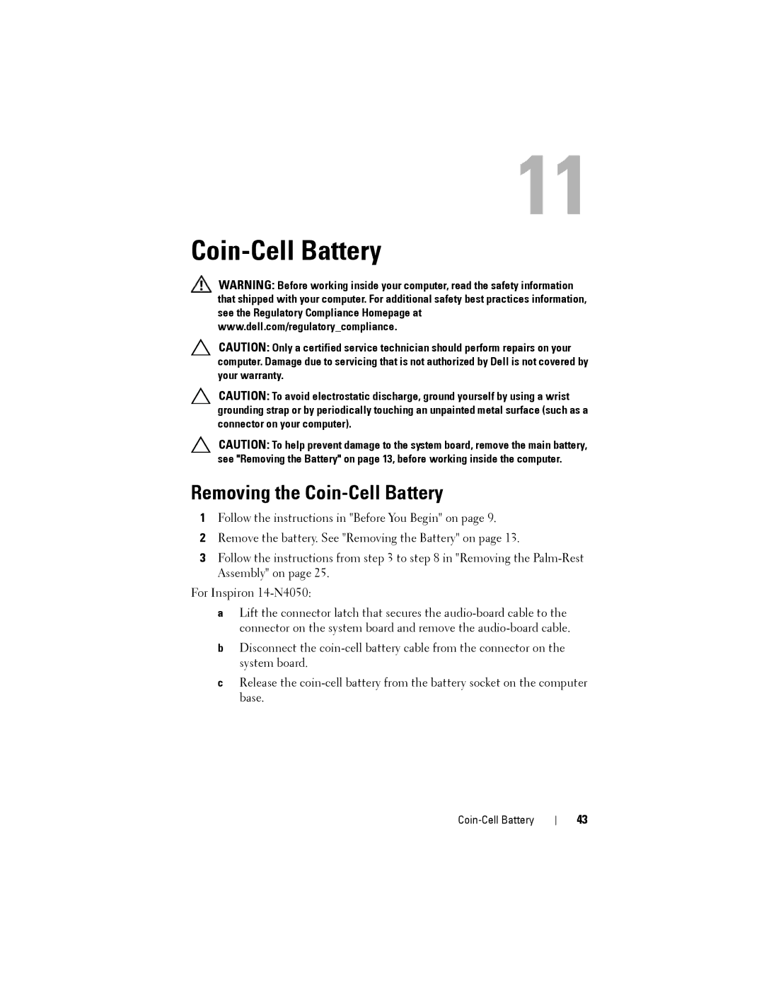 Dell M4040/14-N4050 owner manual Removing the Coin-Cell Battery 