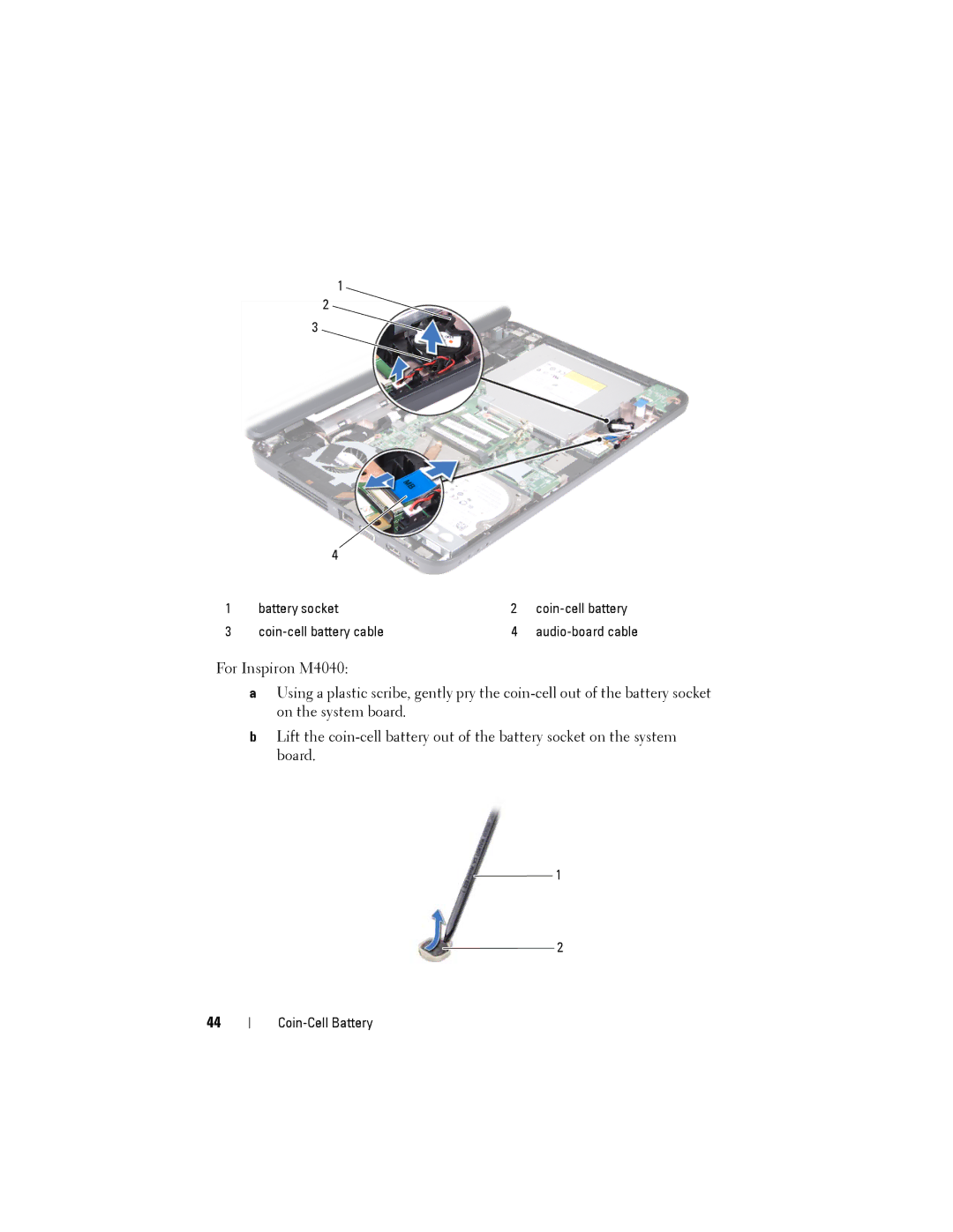 Dell M4040/14-N4050 owner manual Battery socket Coin-cell battery Coin-cell battery cable 