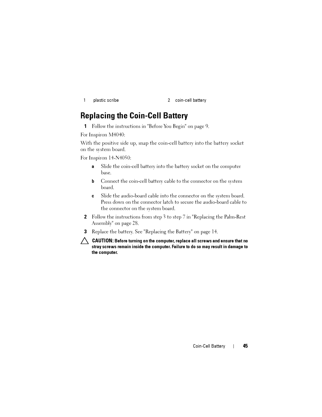 Dell M4040/14-N4050 owner manual Replacing the Coin-Cell Battery 