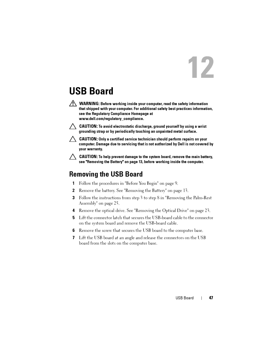 Dell M4040/14-N4050 owner manual Removing the USB Board 