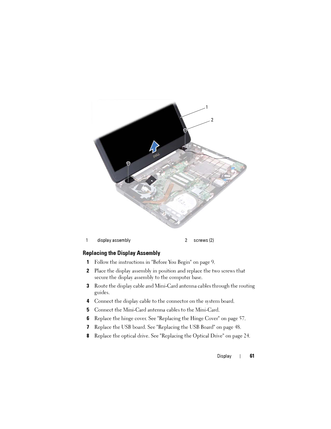 Dell M4040/14-N4050 owner manual Replacing the Display Assembly 