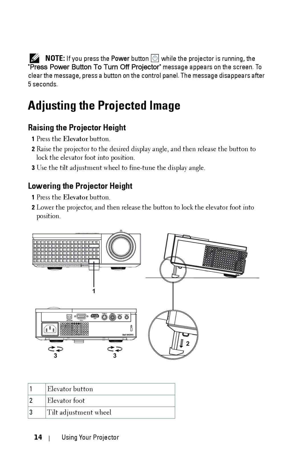 Dell M409WX manual Adjusting the Projected Image, Raising the Projector Height, Lowering the Projector Height 