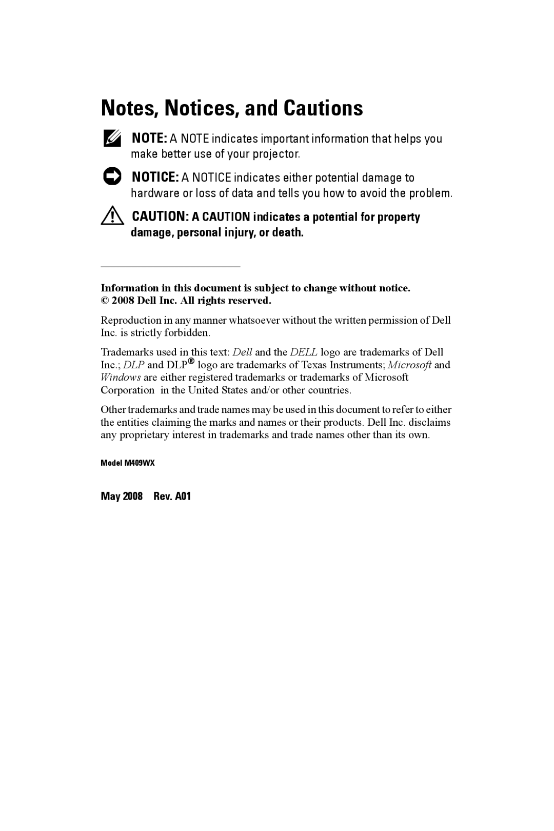 Dell M409WX manual May 2008 Rev. A01 