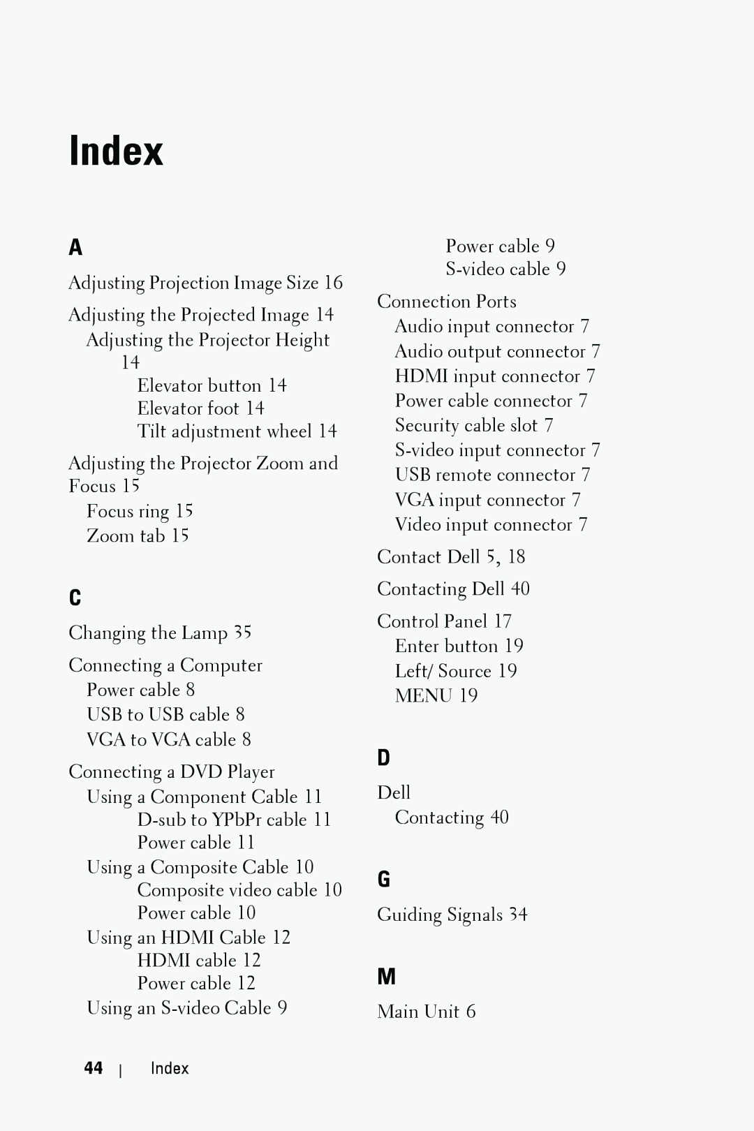 Dell M409WX manual Index 