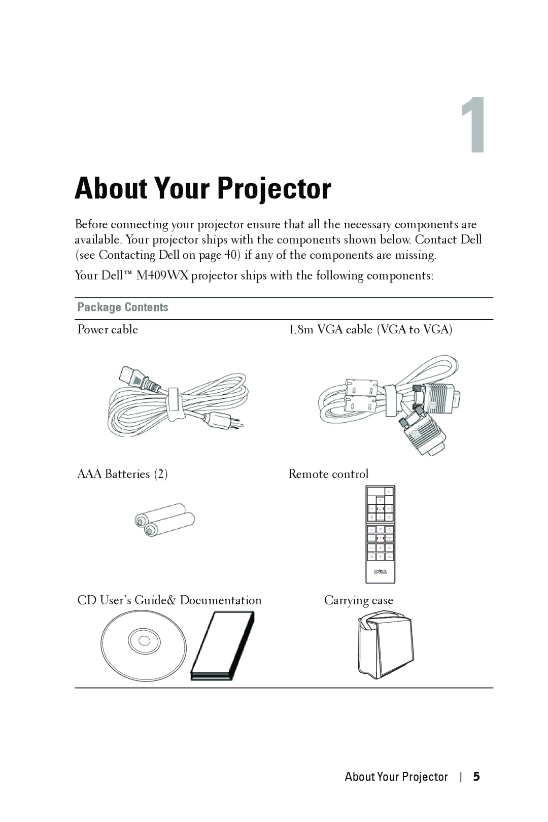 Dell M409WX manual About Your Projector, Package Contents 