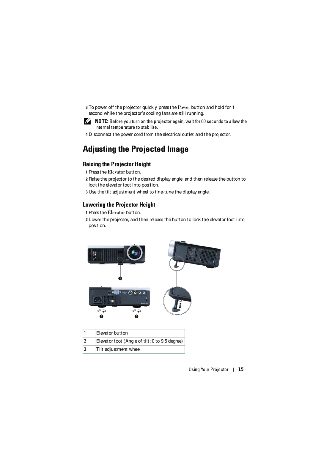 Dell M410HD manual Adjusting the Projected Image, Raising the Projector Height 