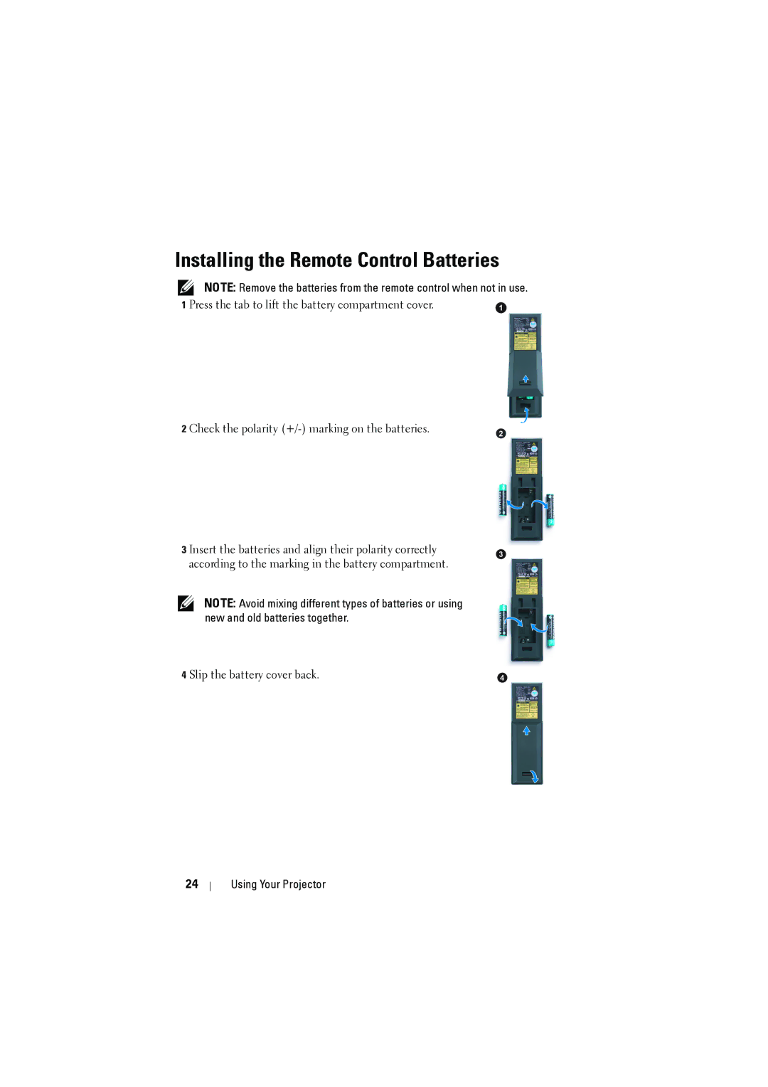 Dell M410HD manual Installing the Remote Control Batteries, Press the tab to lift the battery compartment cover 