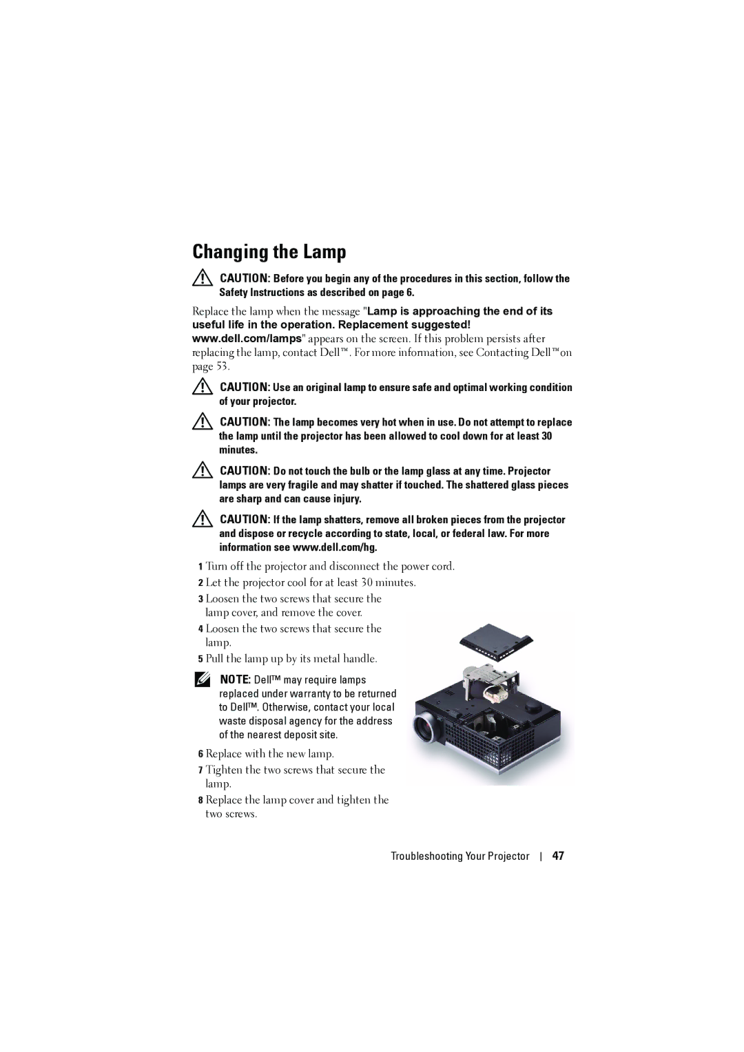 Dell M410HD manual Changing the Lamp 