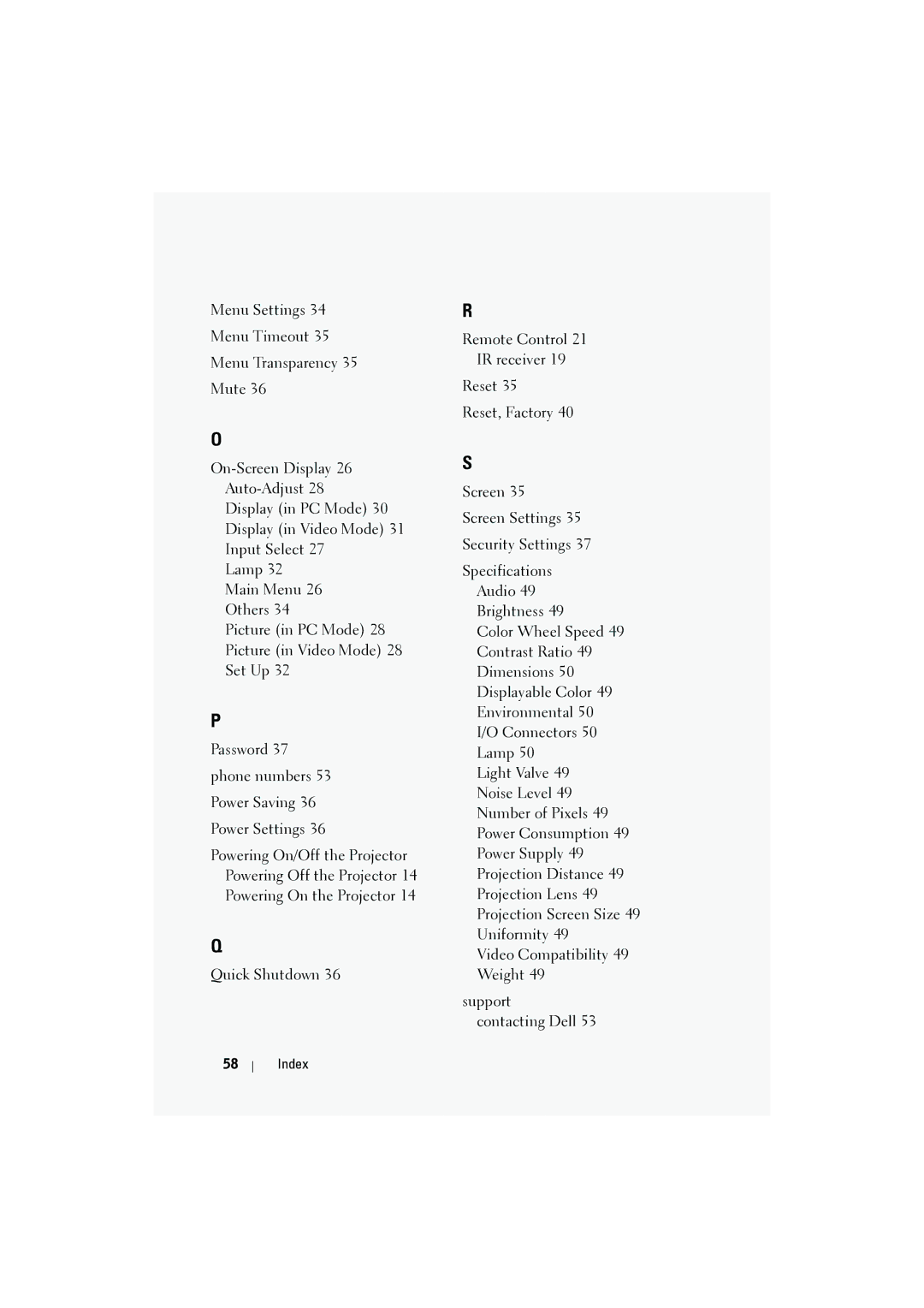 Dell M410HD manual Index 