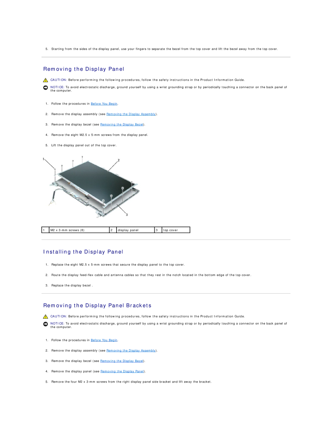 Dell M4300 manual Installing the Display Panel, Removing the Display Panel Brackets 