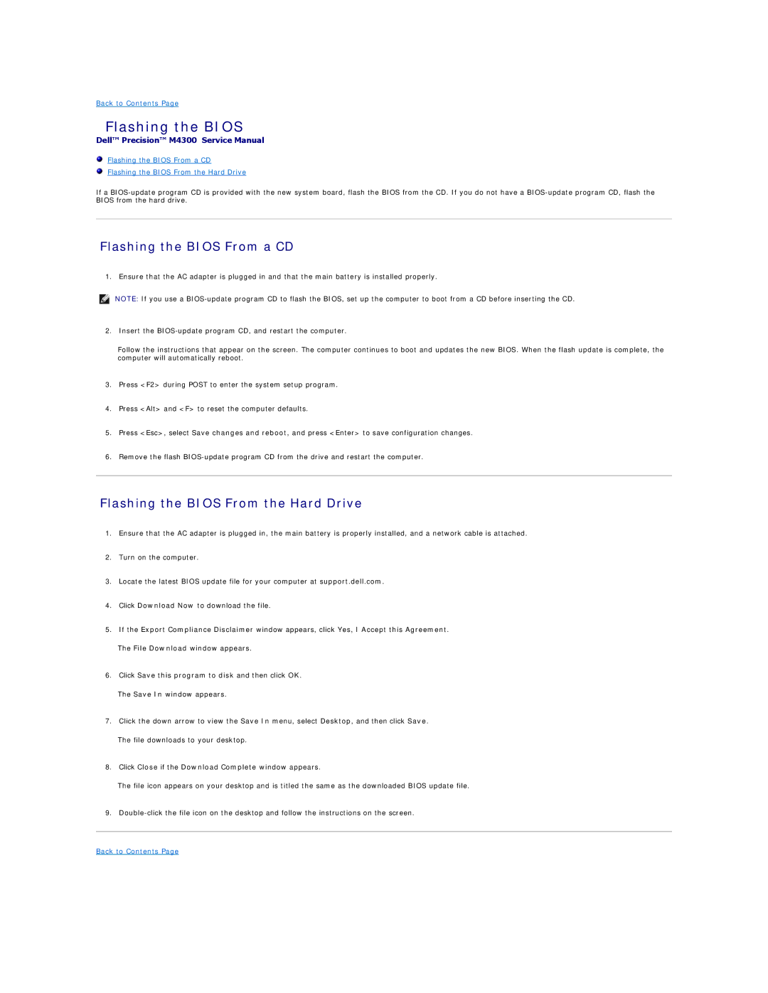 Dell M4300 manual Flashing the Bios From a CD, Flashing the Bios From the Hard Drive 