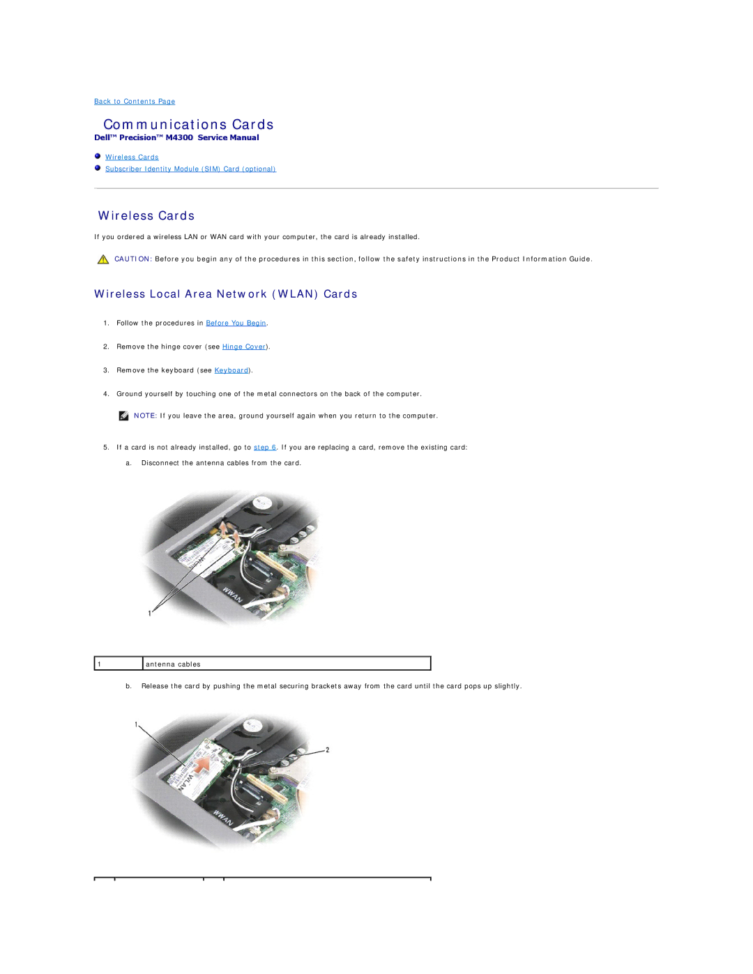 Dell M4300 manual Communications Cards, Wireless Cards 