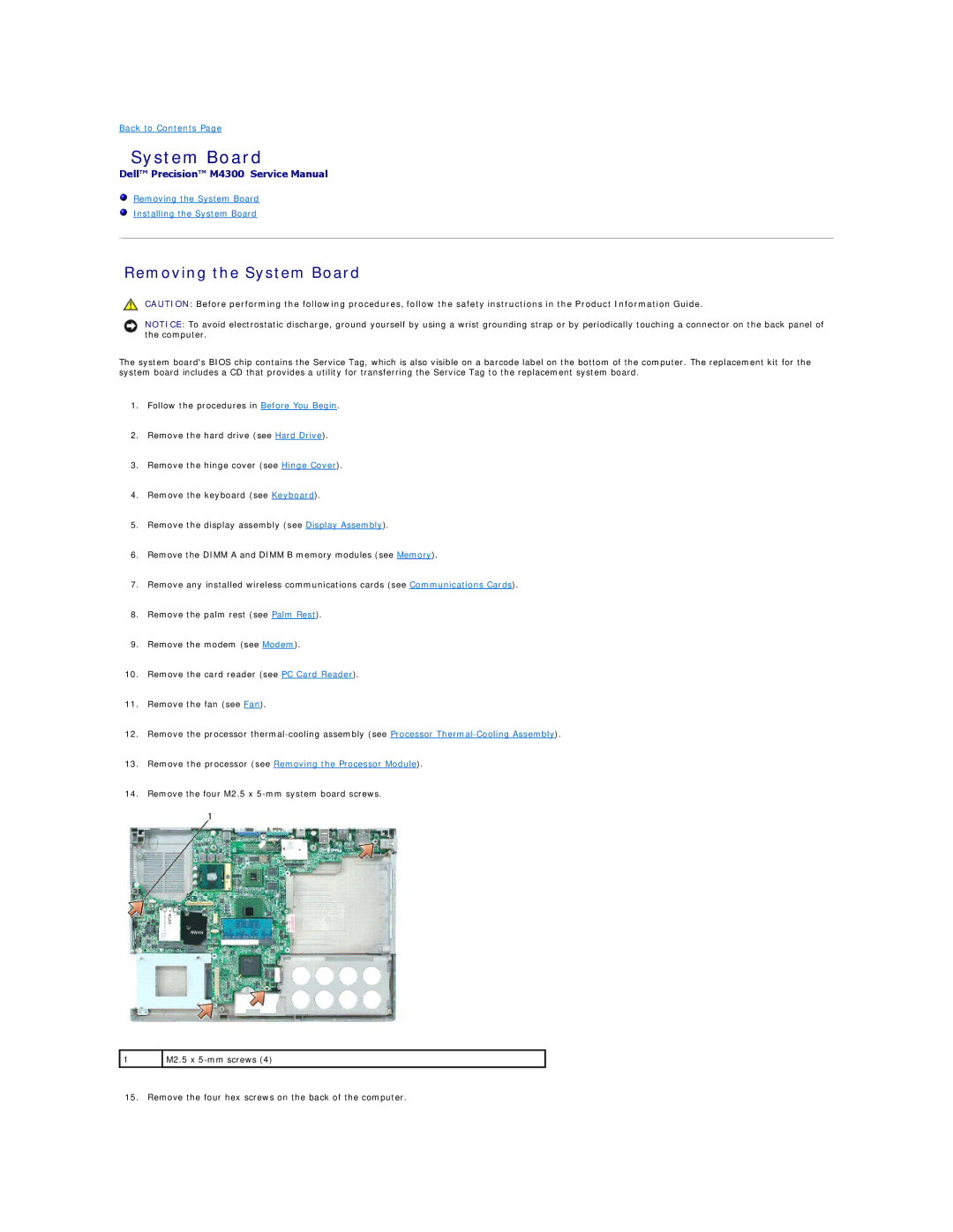 Dell M4300 manual Removing the System Board 