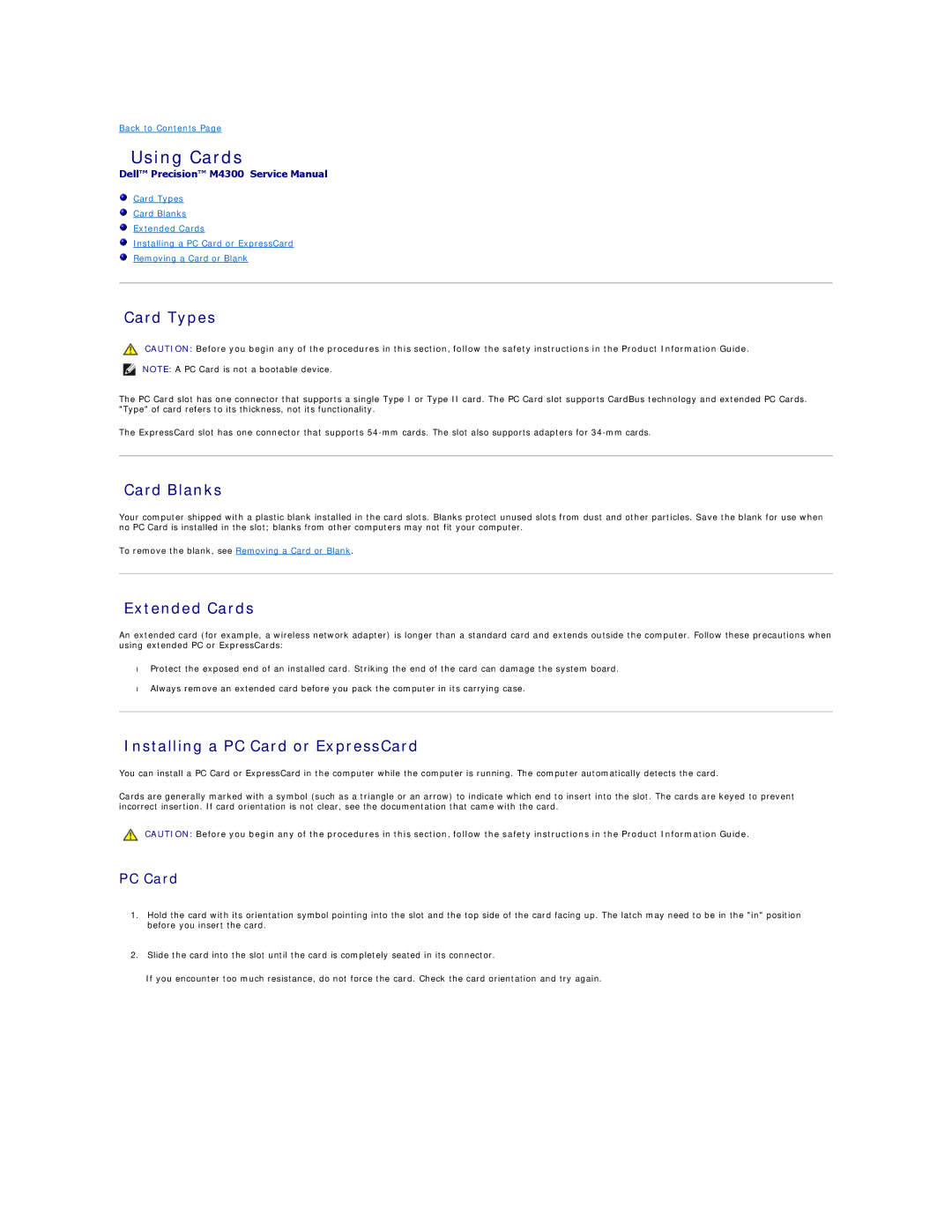 Dell M4300 manual Using Cards, Card Types, Card Blanks, Extended Cards, Installing a PC Card or ExpressCard 
