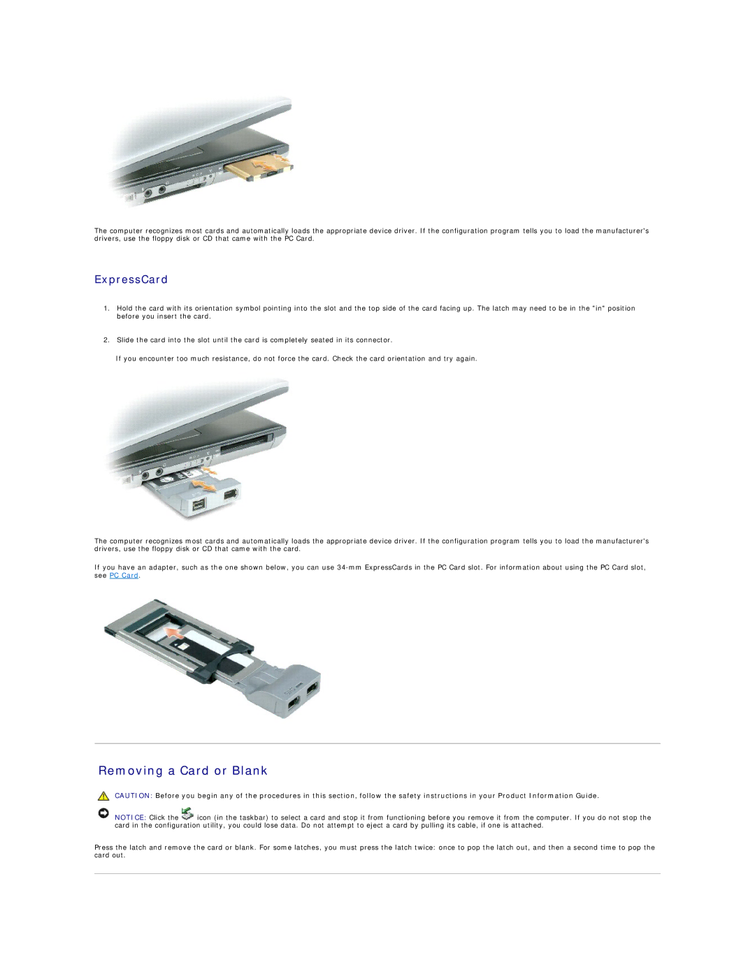 Dell M4300 manual Removing a Card or Blank, ExpressCard 