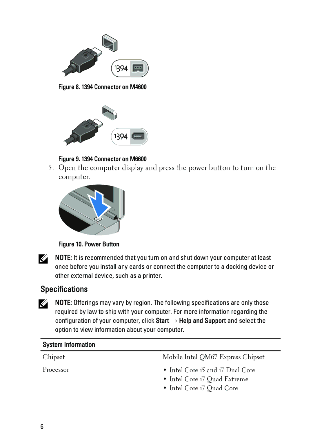 Dell M4600, M6600 manual Specifications, System Information 