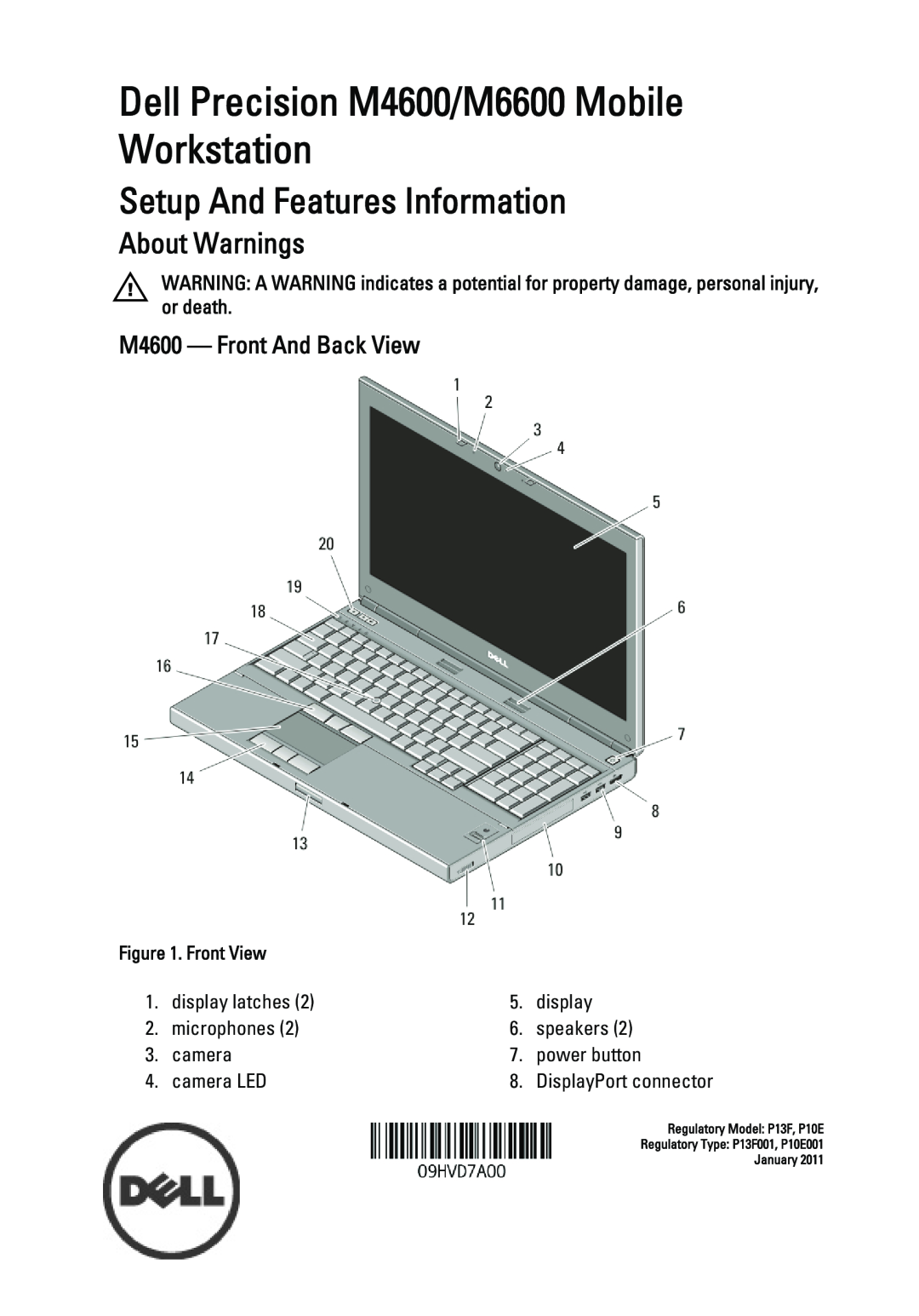 Dell manual M4600 - Front And Back View, Dell Precision M4600/M6600 Mobile Workstation, Setup And Features Information 