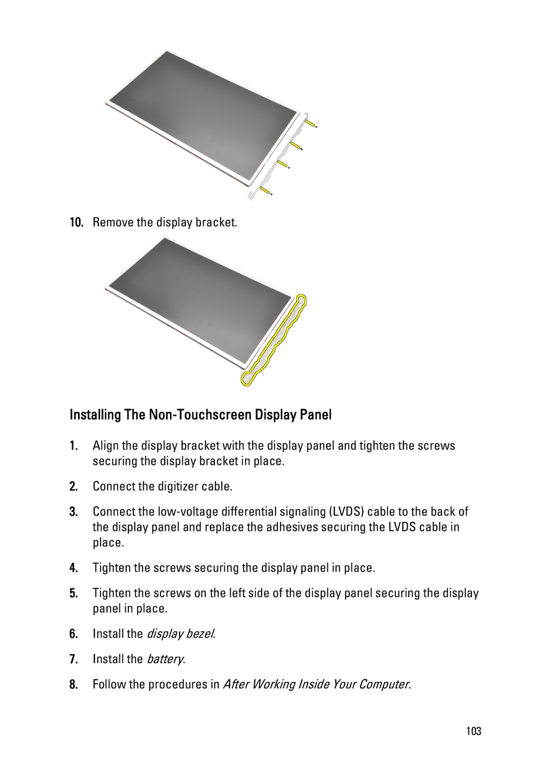 Dell M4600 owner manual Installing The Non-Touchscreen Display Panel 