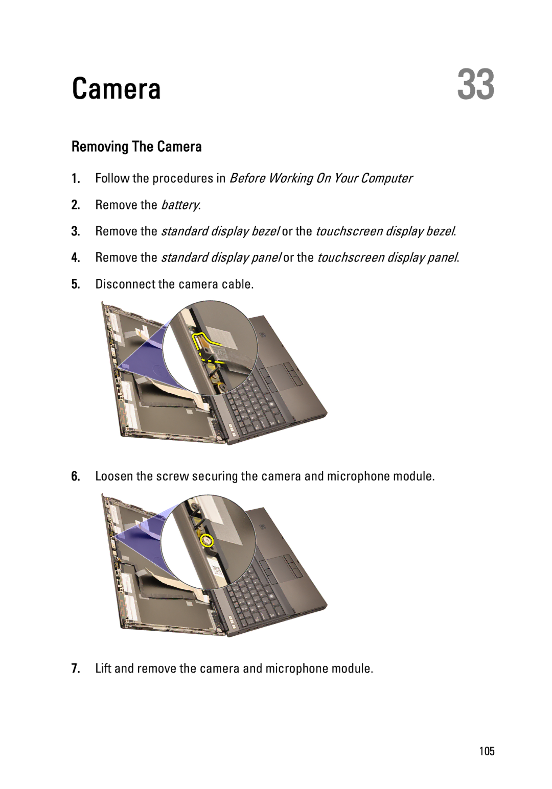 Dell M4600 owner manual Camera33, Removing The Camera 