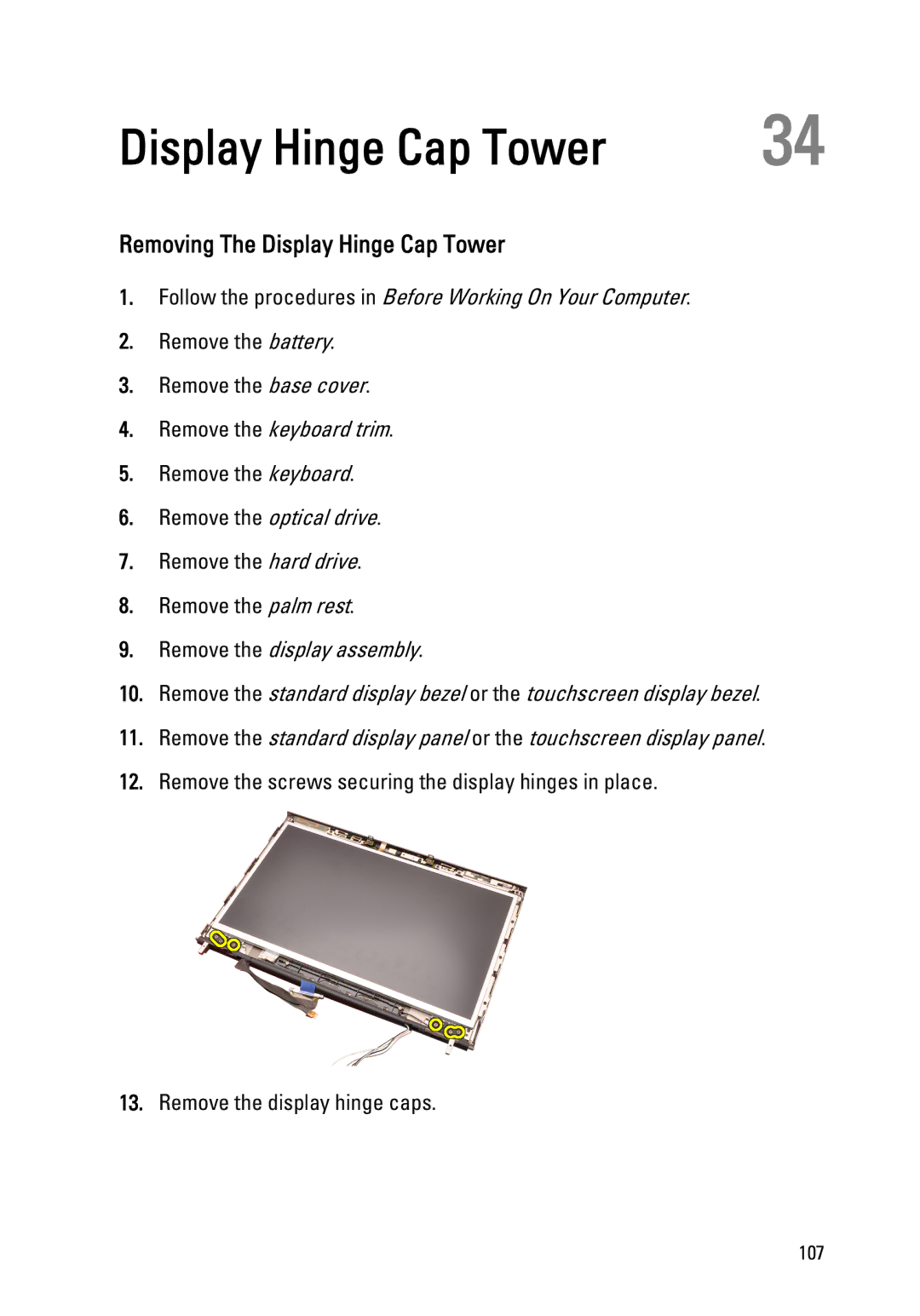 Dell M4600 owner manual Removing The Display Hinge Cap Tower 