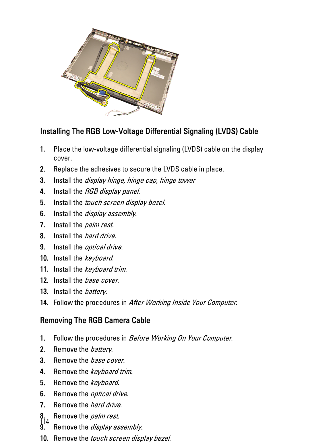 Dell M4600 owner manual Removing The RGB Camera Cable 