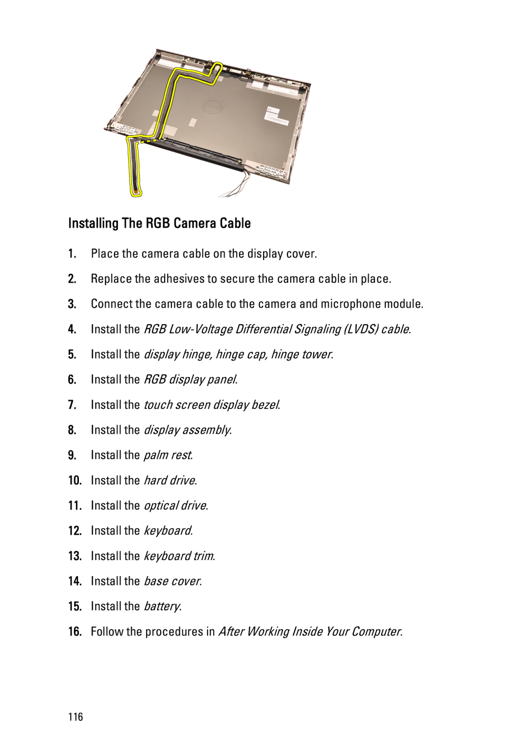 Dell M4600 owner manual Installing The RGB Camera Cable 