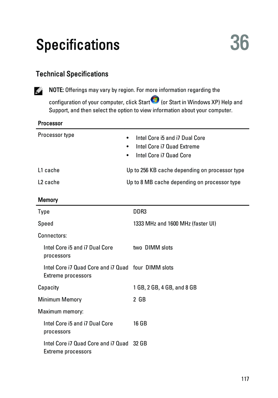 Dell M4600 owner manual Specifications36, Technical Specifications, Processor, Memory 