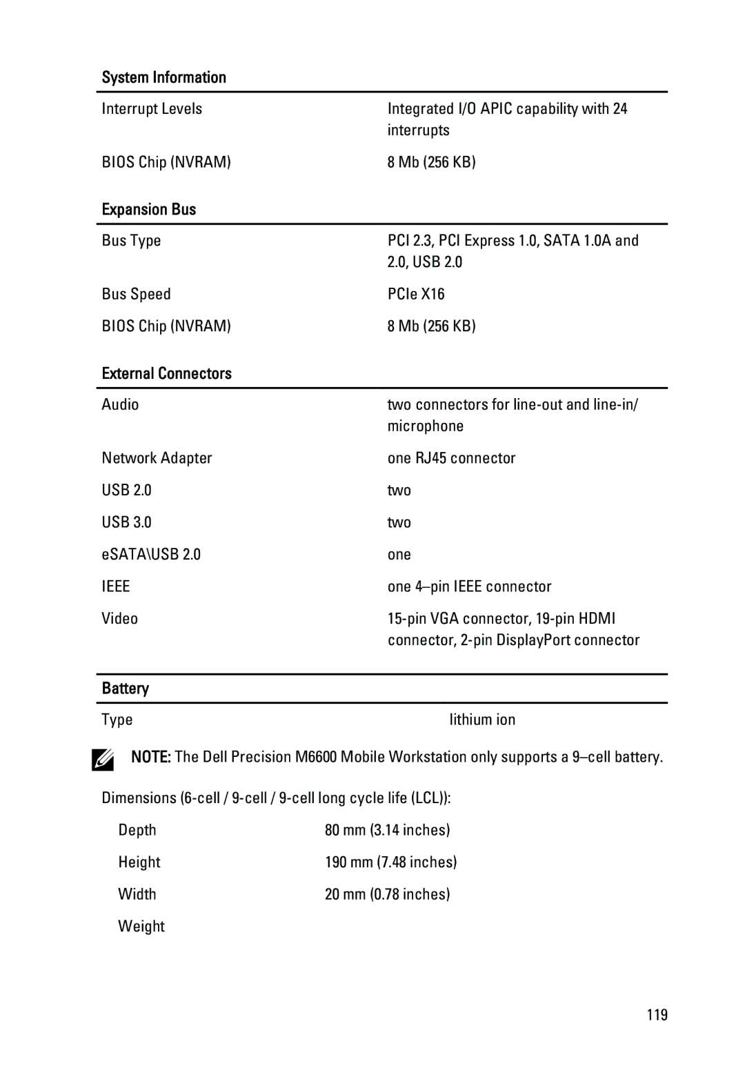 Dell M4600 owner manual Expansion Bus, External Connectors, Battery 