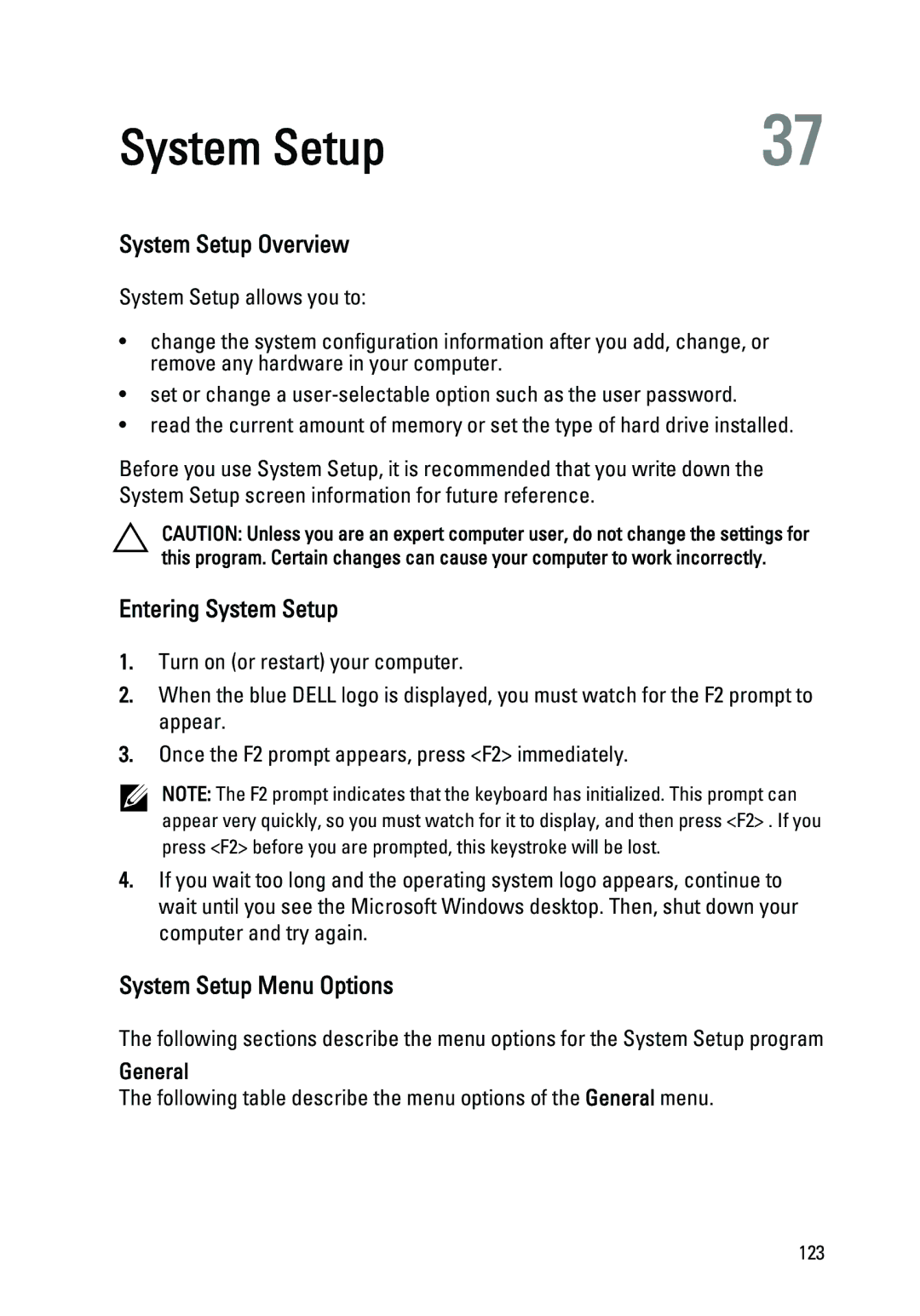 Dell M4600 owner manual System Setup Overview, Entering System Setup, System Setup Menu Options, General 