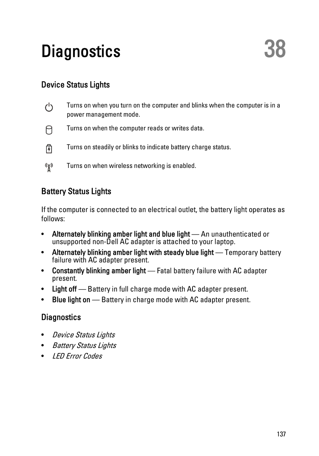 Dell M4600 owner manual Diagnostics38, Device Status Lights, Battery Status Lights 