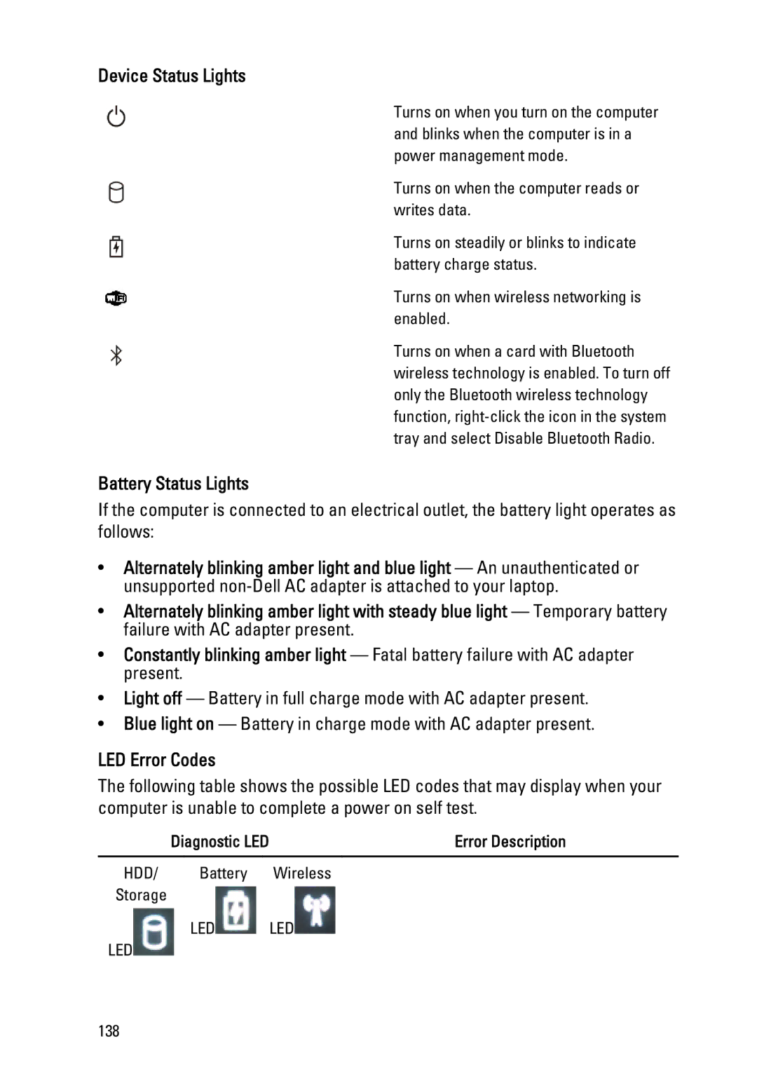 Dell M4600 owner manual Device Status Lights, Battery Status Lights, LED Error Codes, Diagnostic LED 