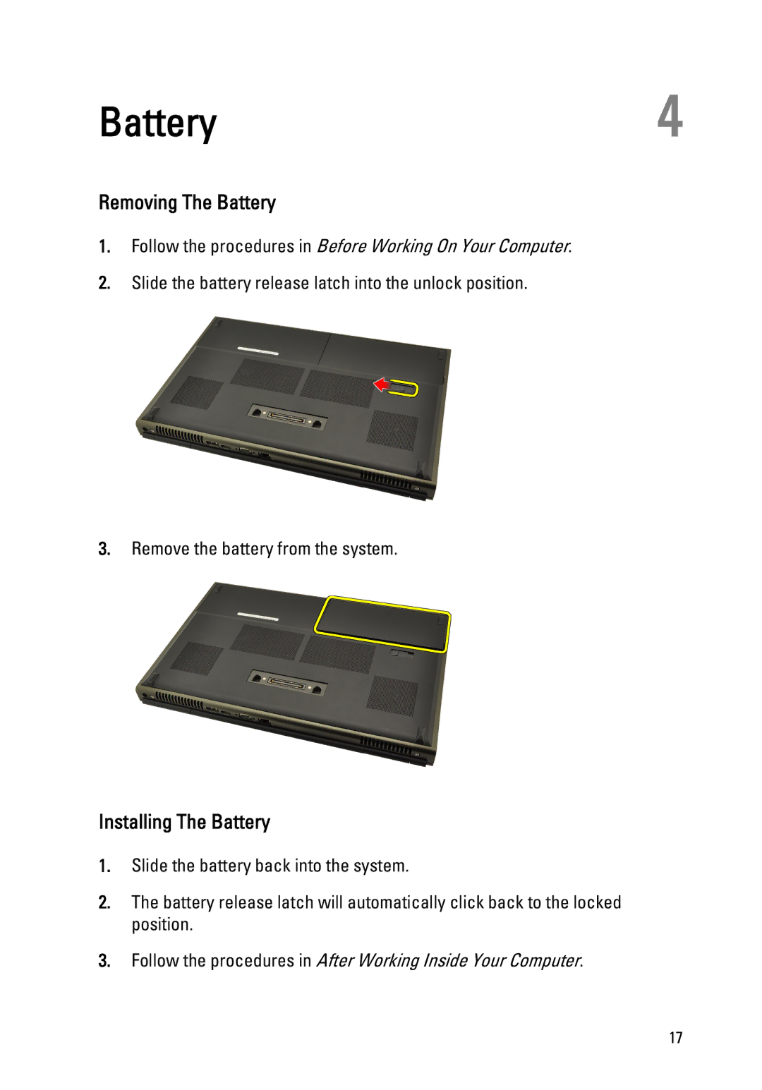 Dell M4600 owner manual Removing The Battery, Installing The Battery 