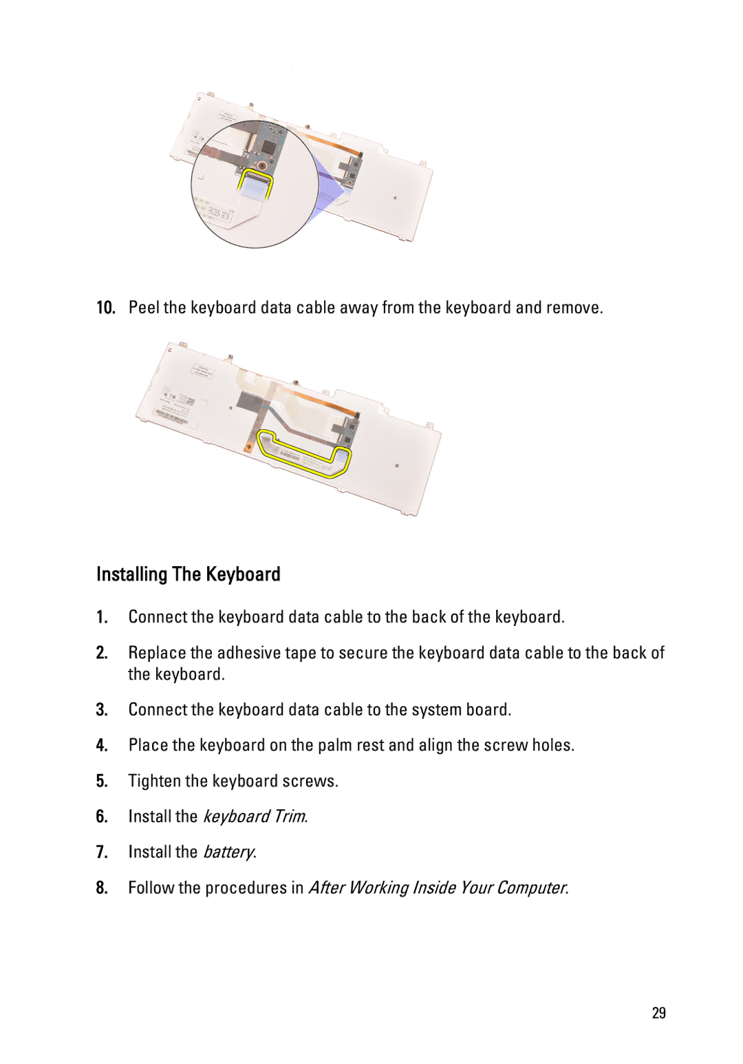 Dell M4600 owner manual Installing The Keyboard 