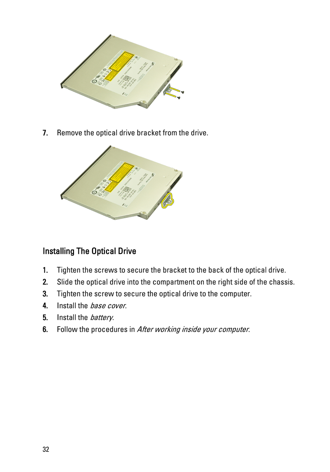 Dell M4600 owner manual Installing The Optical Drive 