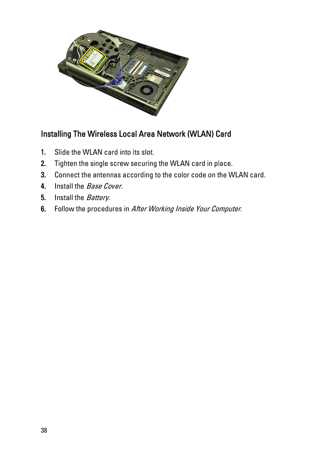 Dell M4600 owner manual Installing The Wireless Local Area Network Wlan Card 