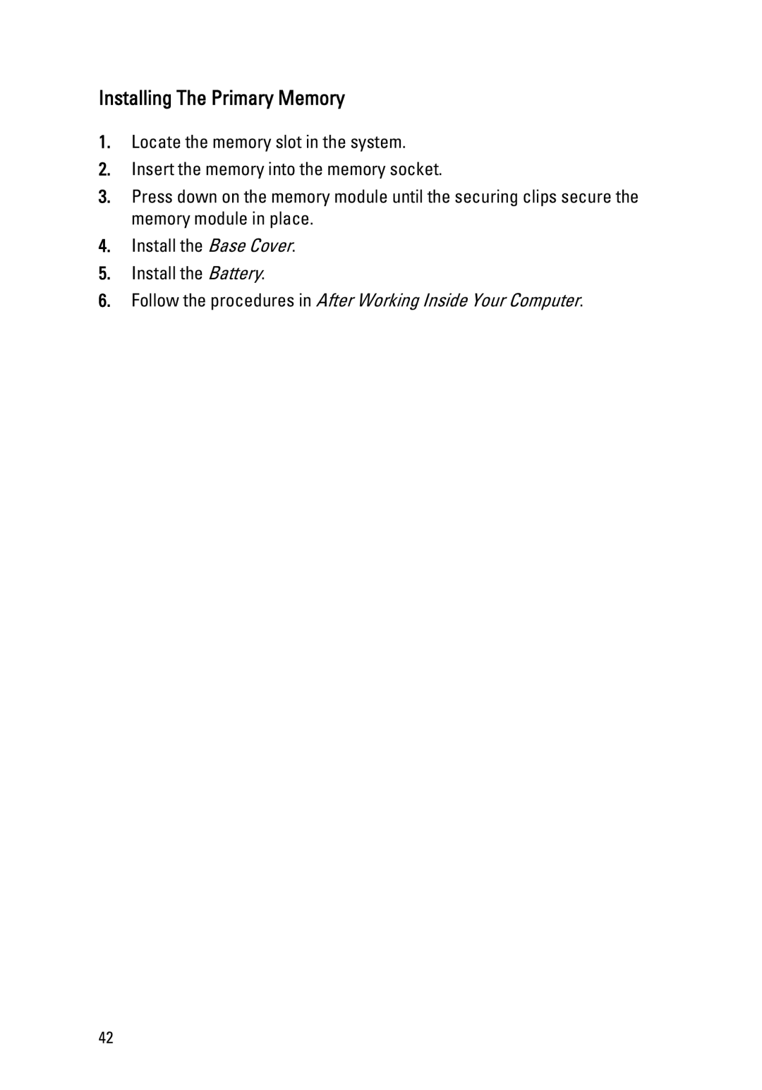 Dell M4600 owner manual Installing The Primary Memory 