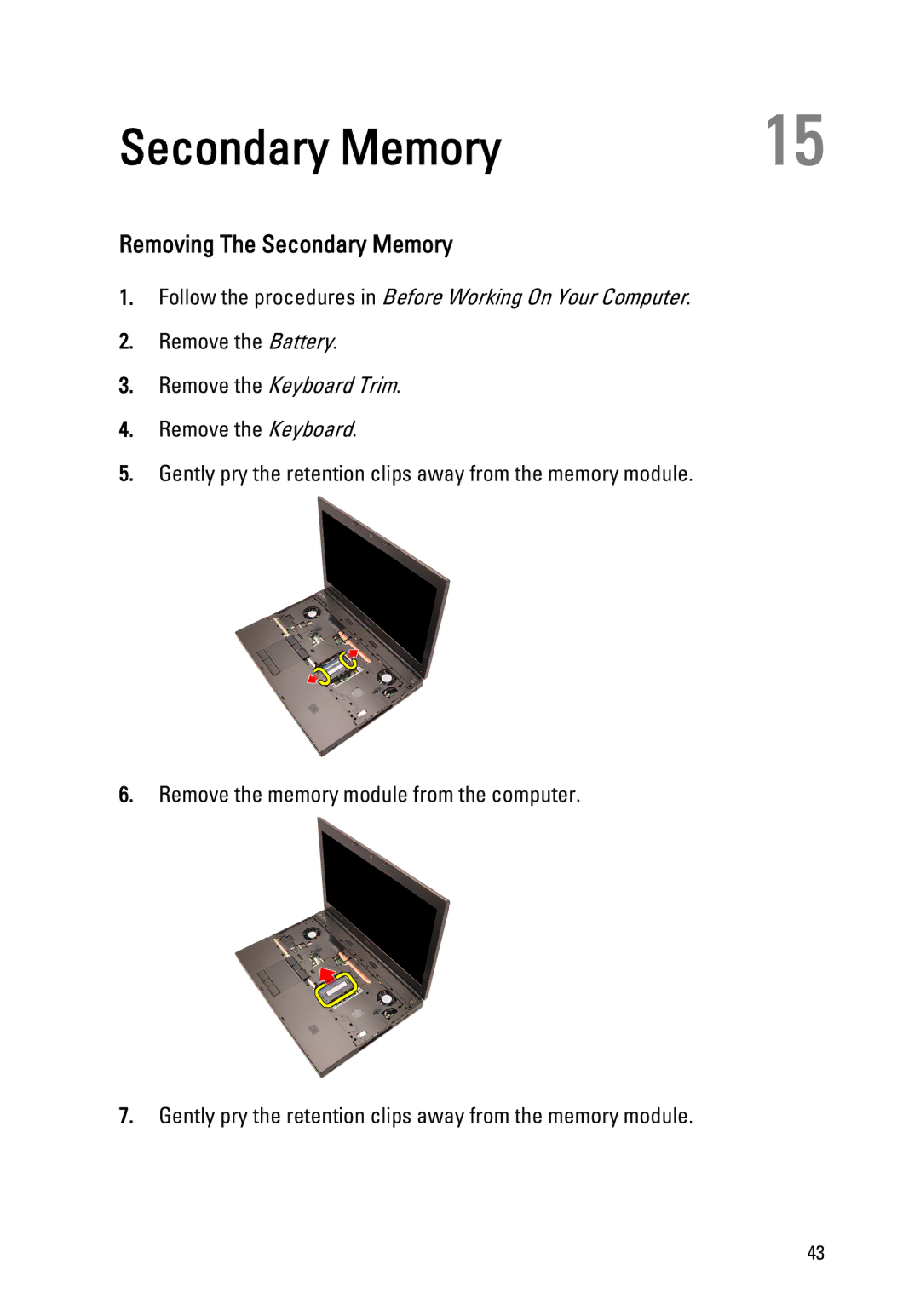 Dell M4600 owner manual Removing The Secondary Memory 