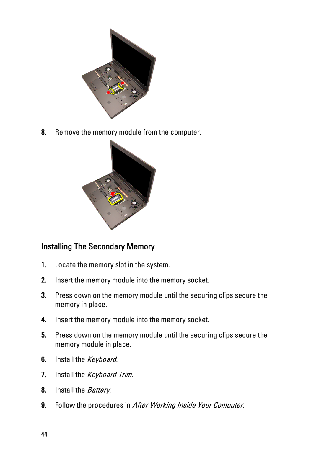 Dell M4600 owner manual Installing The Secondary Memory 