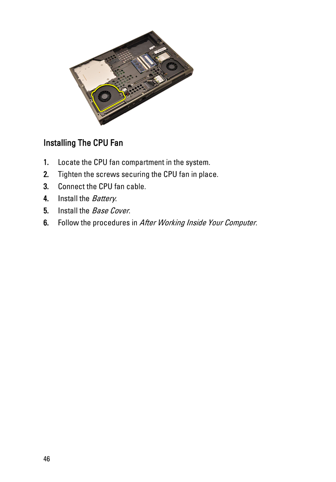 Dell M4600 owner manual Installing The CPU Fan 