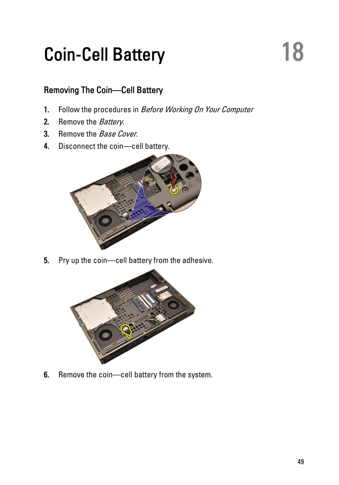 Dell M4600 owner manual Removing The Coin-Cell Battery 