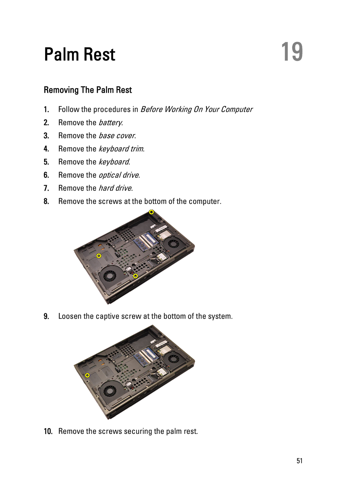 Dell M4600 owner manual Removing The Palm Rest 