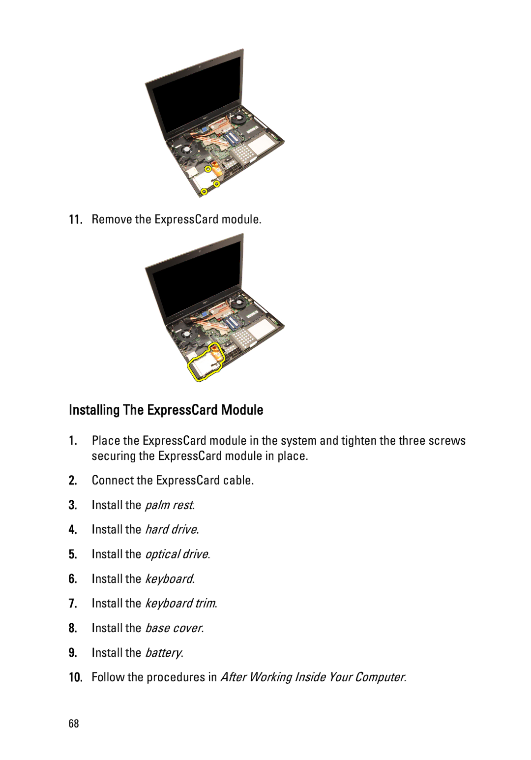 Dell M4600 owner manual Installing The ExpressCard Module 