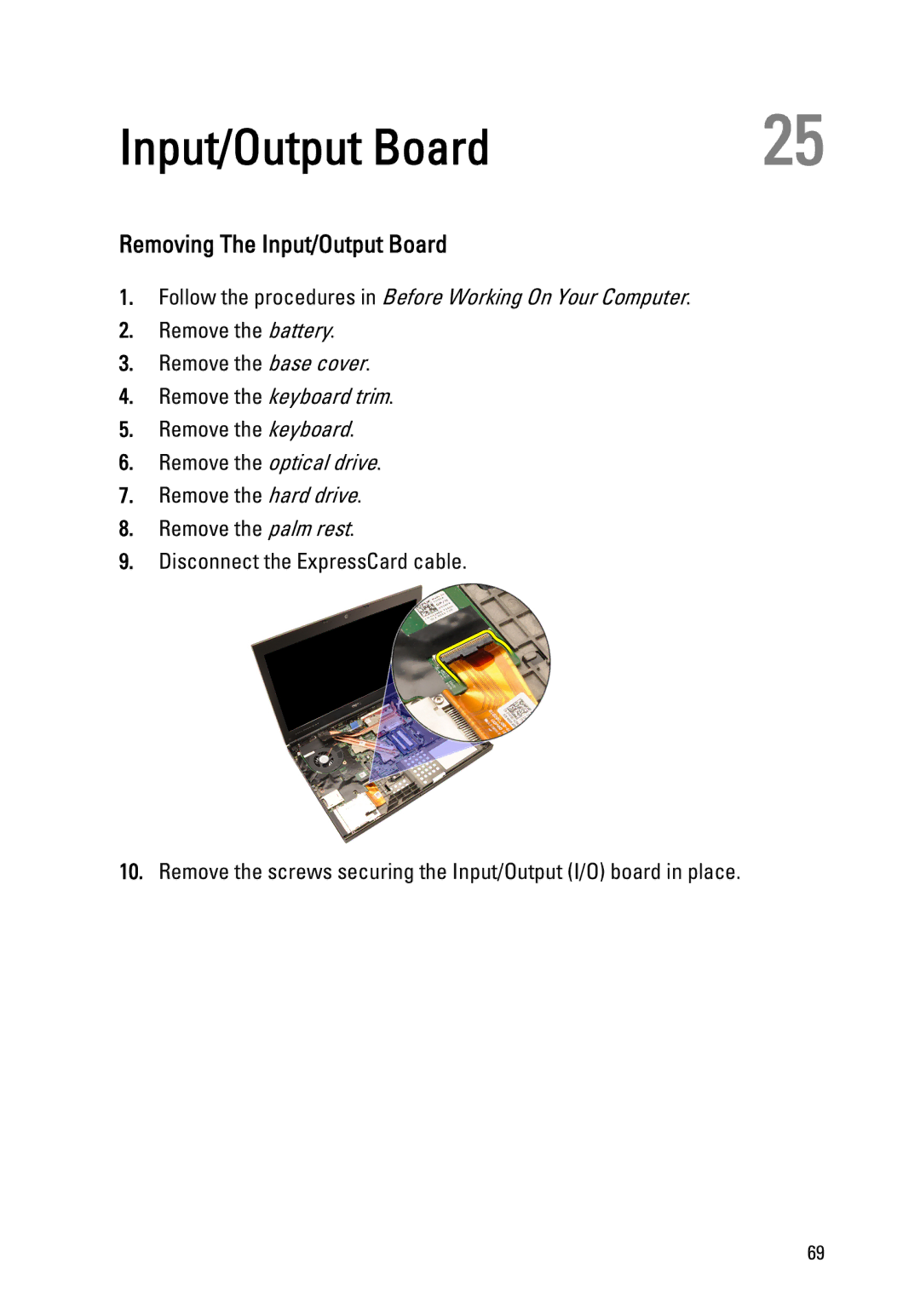 Dell M4600 owner manual Removing The Input/Output Board 