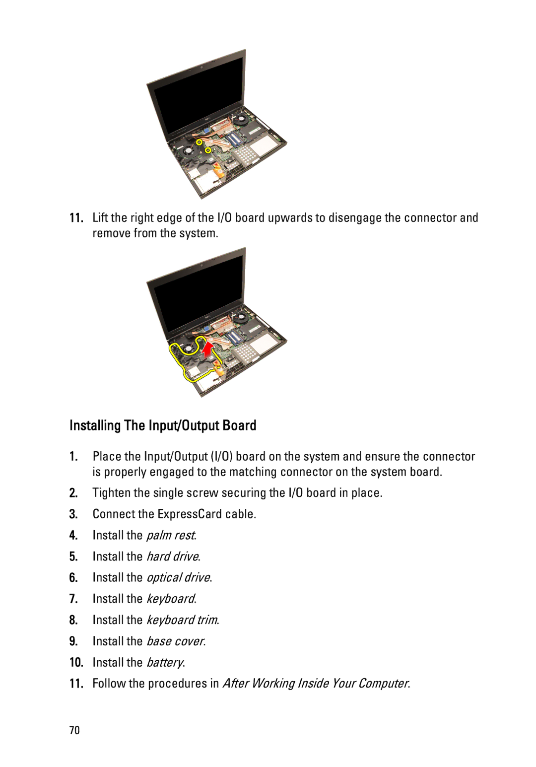 Dell M4600 owner manual Installing The Input/Output Board 