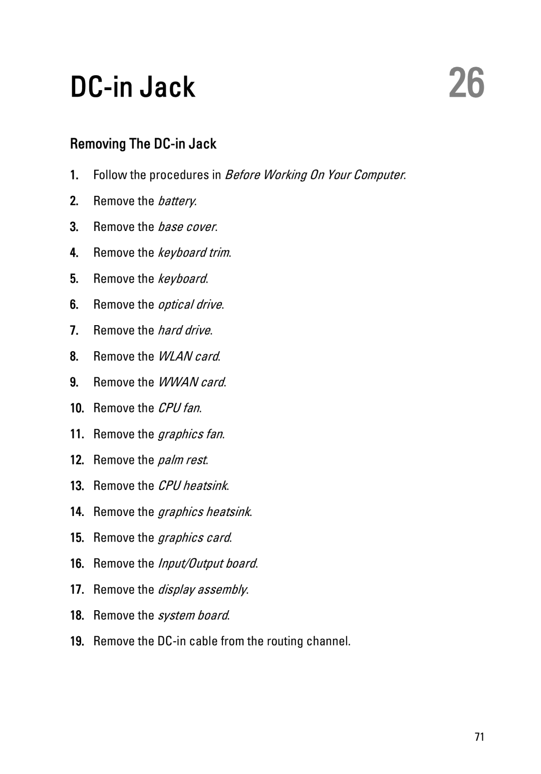 Dell M4600 owner manual Removing The DC-in Jack 