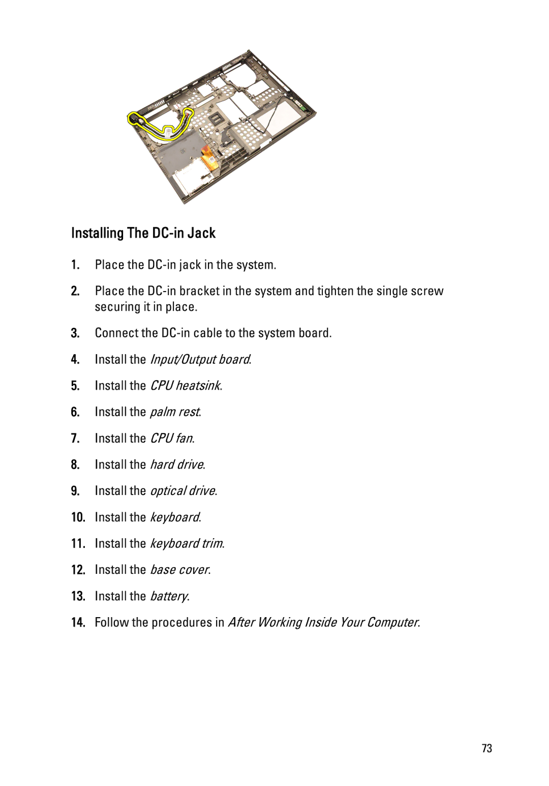 Dell M4600 owner manual Installing The DC-in Jack, Install the Input/Output board 