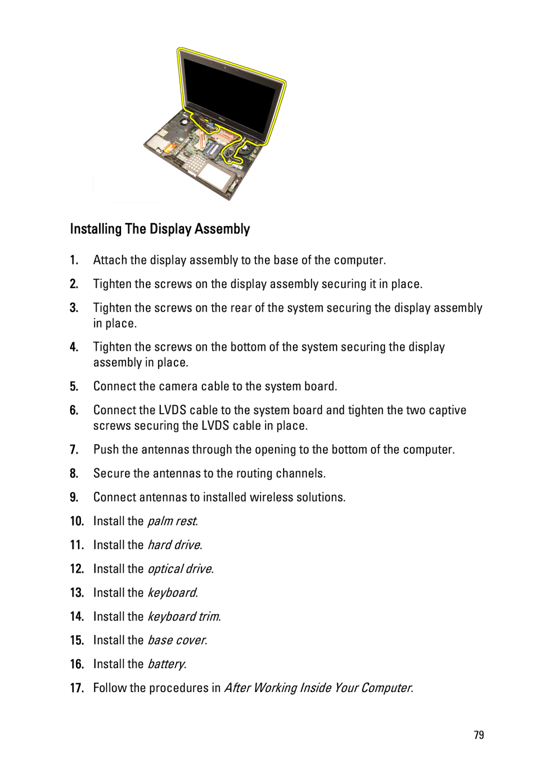 Dell M4600 owner manual Installing The Display Assembly 